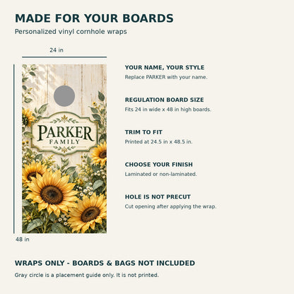 Sunflower Meadow Personalized Family Cornhole Board Wraps — size and installation guide