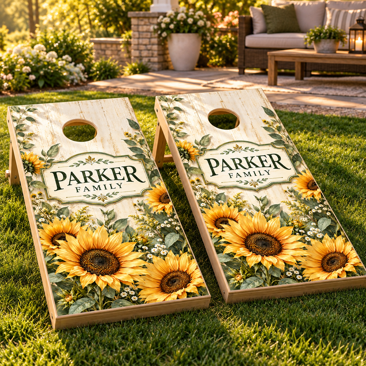 Sunflower Meadow Personalized Family Cornhole Board Wraps — matching board mockup; boards not included
