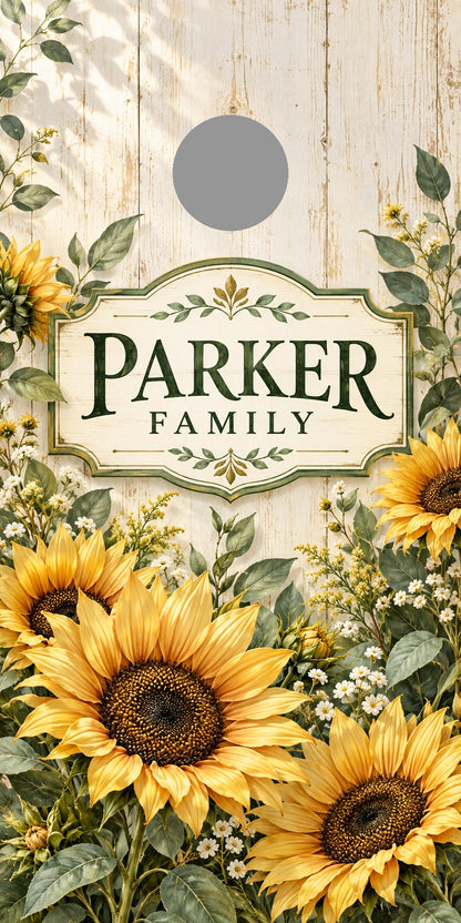 Sunflower Meadow Personalized Family Cornhole Board Wraps — gray hole-position preview