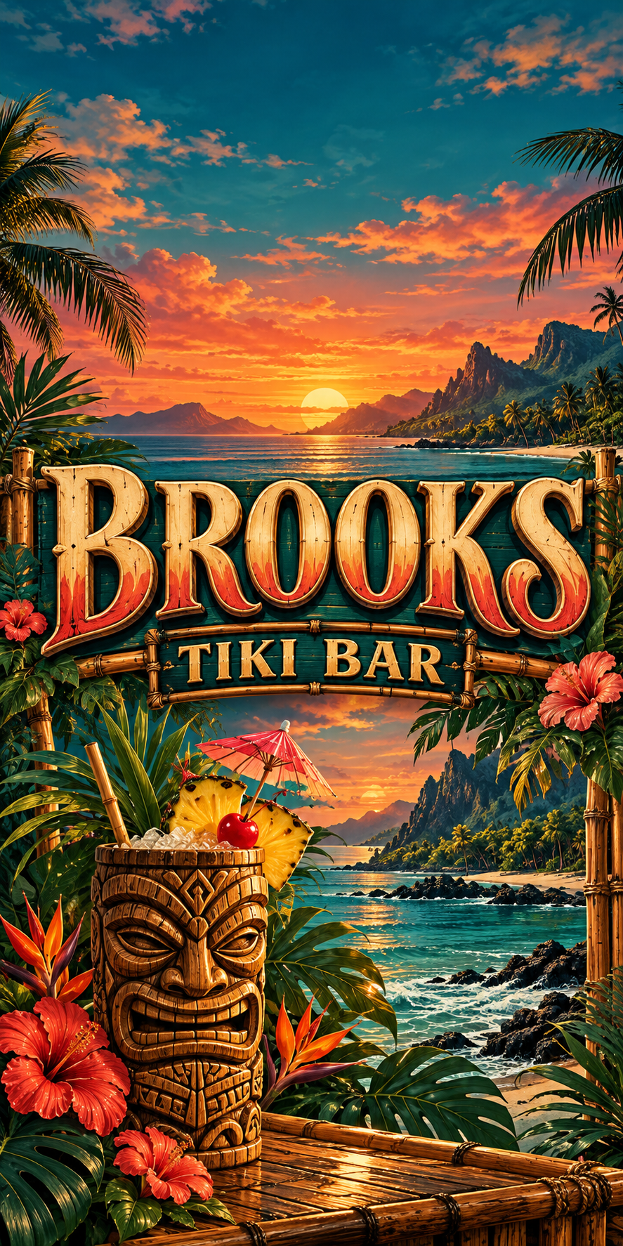 Island Tiki Personalized Backyard Bar Cornhole Board Wraps — sample name artwork without hole