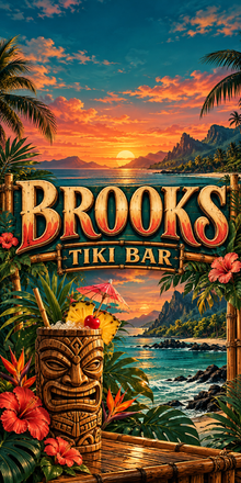 Island Tiki Personalized Backyard Bar Cornhole Board Wraps — sample name artwork without hole