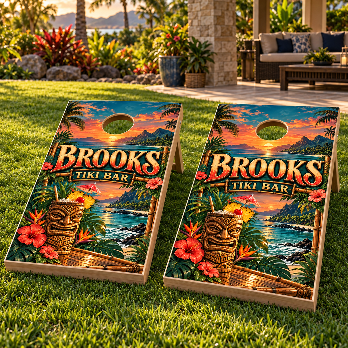 Island Tiki Personalized Backyard Bar Cornhole Board Wraps — matching board mockup; boards not included