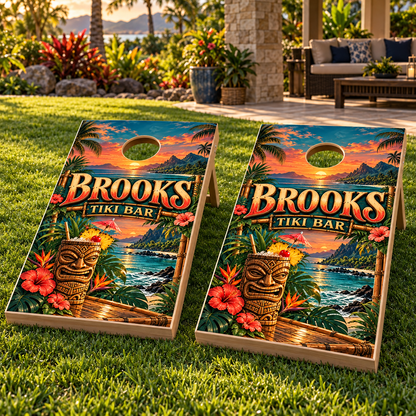 Island Tiki Personalized Backyard Bar Cornhole Board Wraps — matching board mockup; boards not included