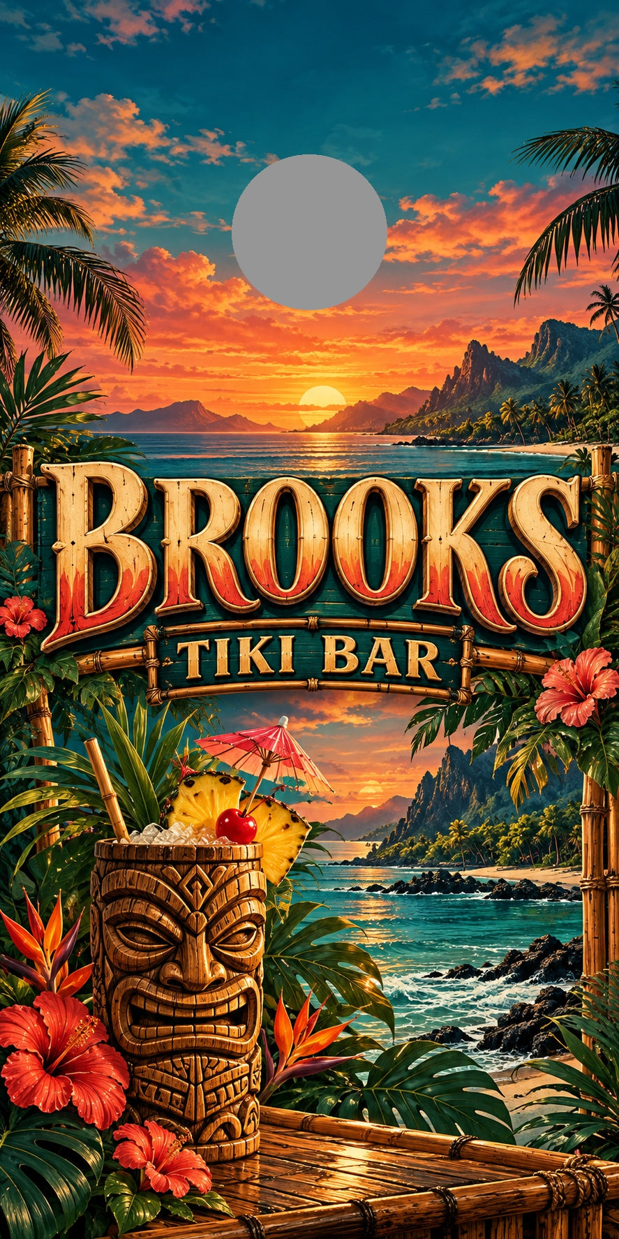Island Tiki Personalized Backyard Bar Cornhole Board Wraps — gray hole-position preview