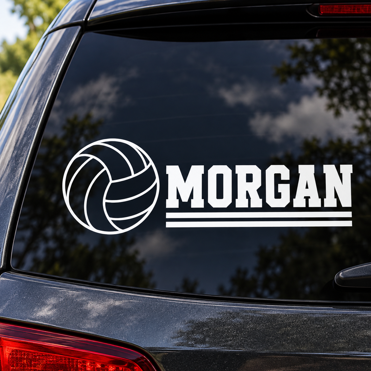 Personalized volleyball name decal on a car window, Morgan example