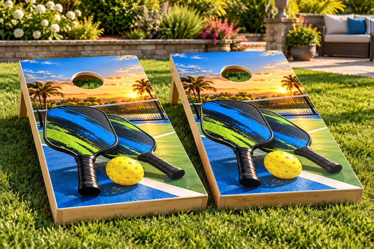 Pickleball Court Energy installed cornhole board mockup; boards not included