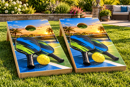 Pickleball Court Energy installed cornhole board mockup; boards not included