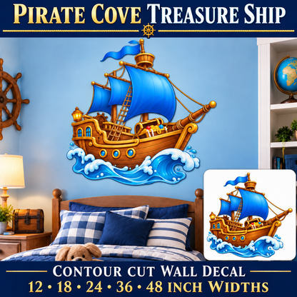 Pirate Cove Treasure Ship – Boys Room Wall Decal summary and bedroom mockup – 12 to 48 inch widths