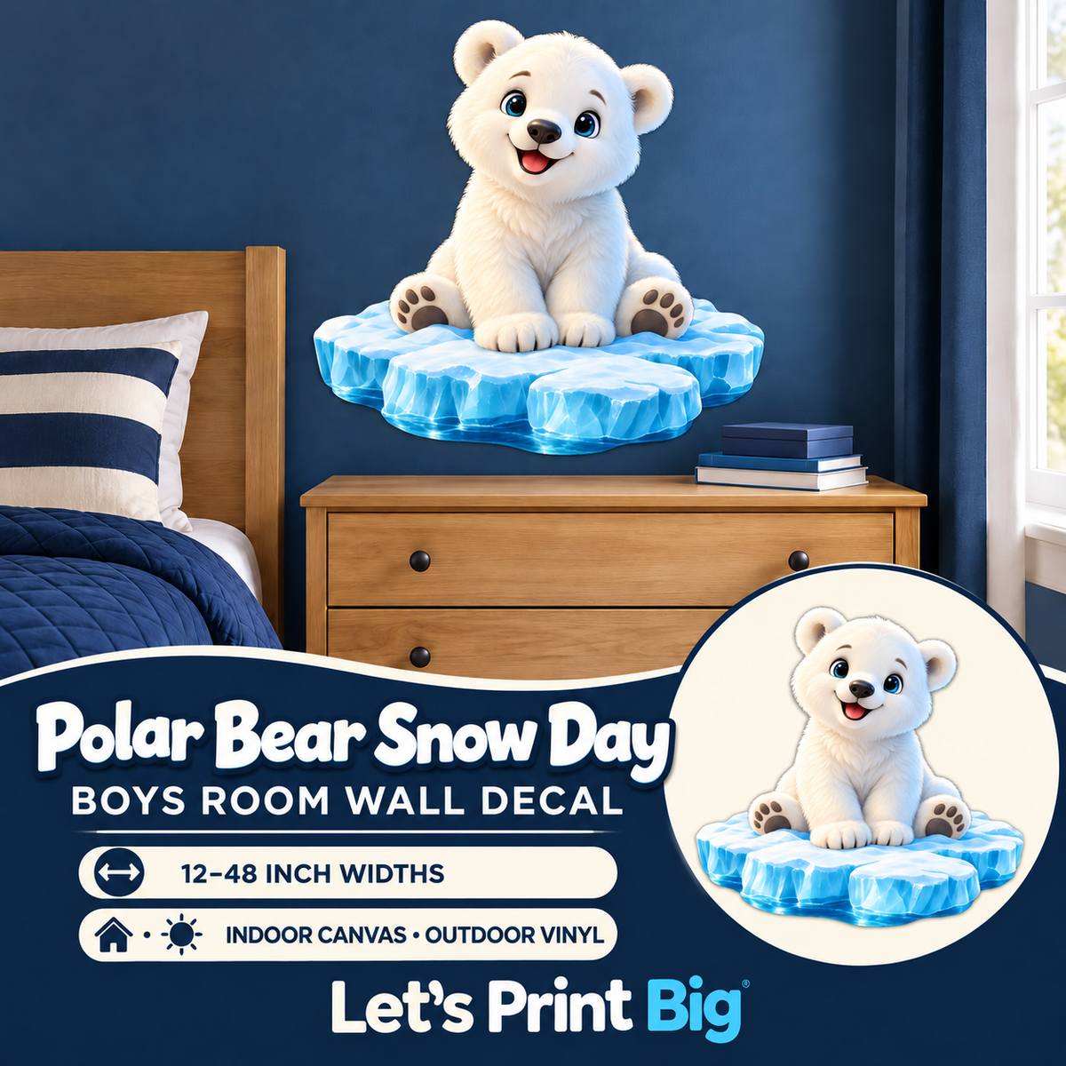 Polar Bear Snow Day – Boys Room Wall Decal summary and bedroom mockup – 12 to 48 inch widths
