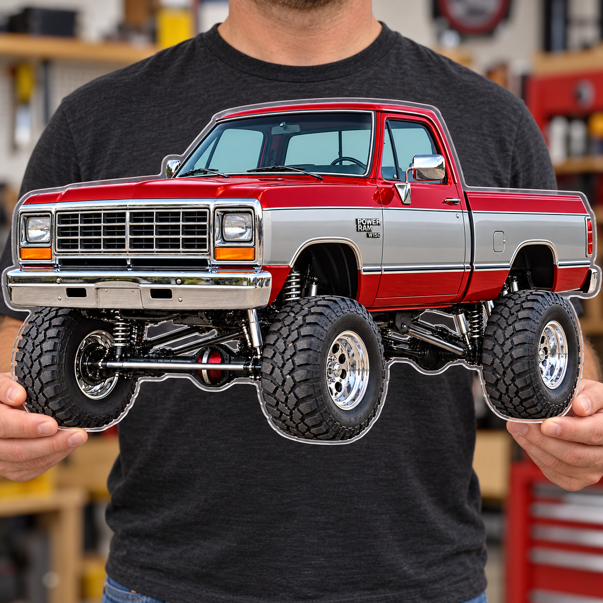 1988 Dodge Power Ram Crimson Red & Silver acrylic sign held for scale
