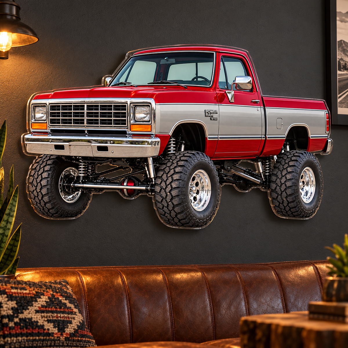 1988 Dodge Power Ram Crimson Red & Silver acrylic sign lounge wall mockup