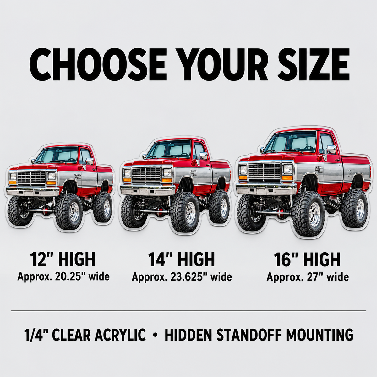 1988 Dodge Power Ram Crimson Red & Silver acrylic sign size guide: 12, 14 and 16 inches high