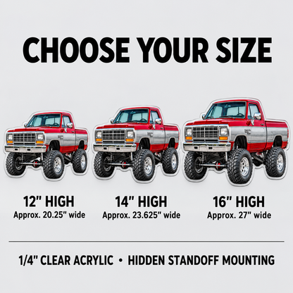 1988 Dodge Power Ram Crimson Red & Silver acrylic sign size guide: 12, 14 and 16 inches high