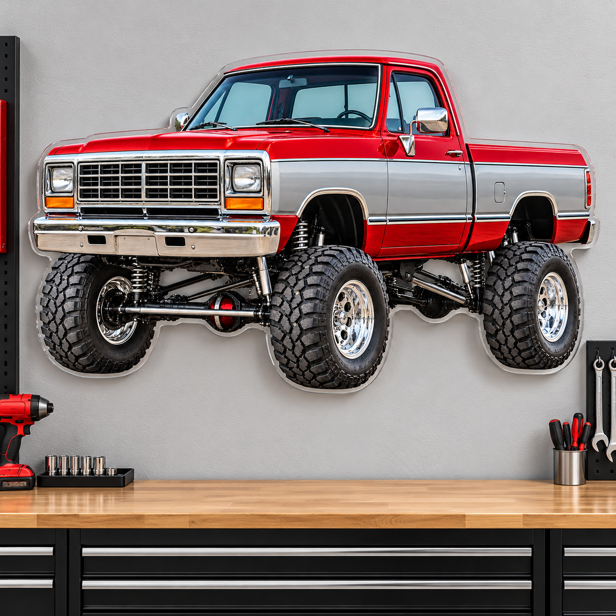 1988 Dodge Power Ram Crimson Red & Silver acrylic sign garage wall mockup