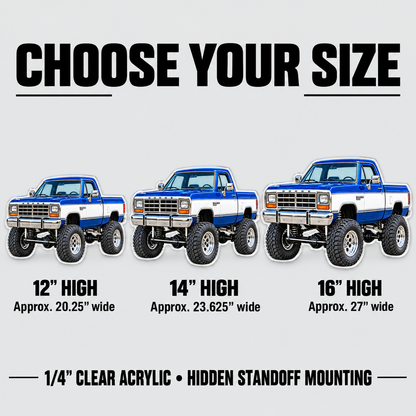 1988 Dodge Power Ram Royal Blue & White acrylic sign size guide: 12, 14 and 16 inches high