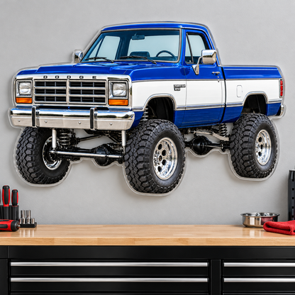 1988 Dodge Power Ram Royal Blue & White acrylic sign garage wall mockup
