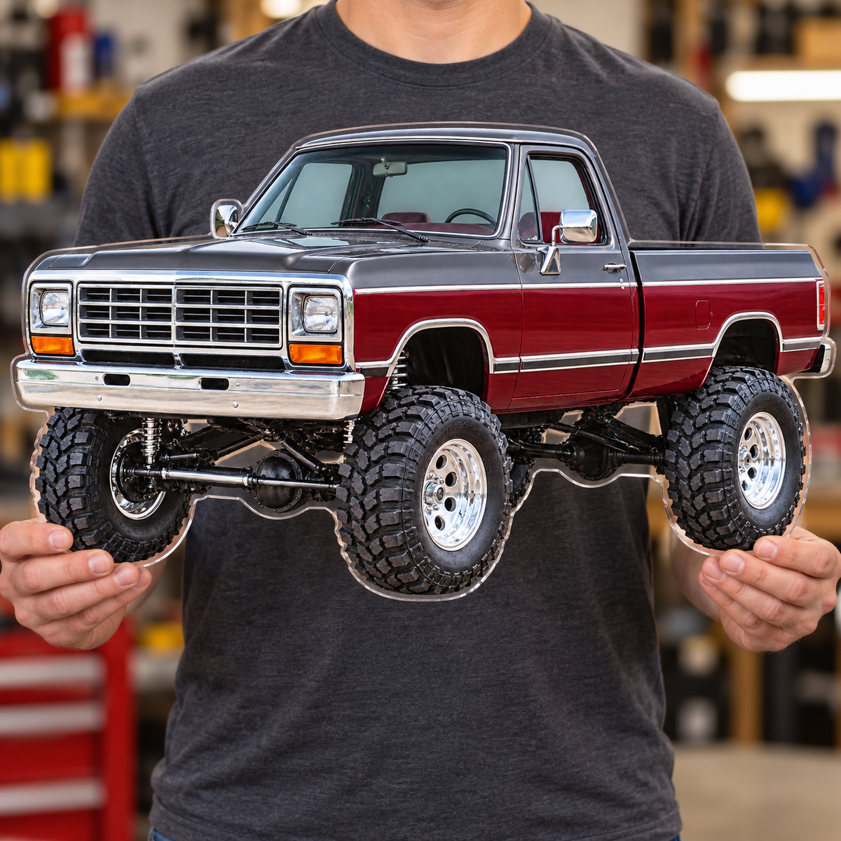 1988 Dodge Power Ram Charcoal & Burgundy acrylic sign held for scale