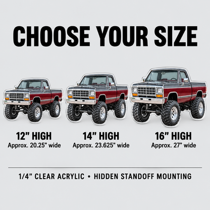 1988 Dodge Power Ram Charcoal & Burgundy acrylic sign size guide: 12, 14 and 16 inches high