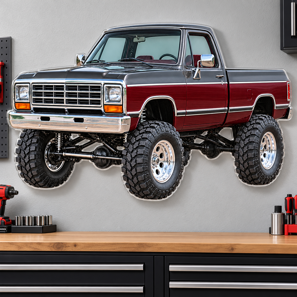 1988 Dodge Power Ram Charcoal & Burgundy acrylic sign garage wall mockup