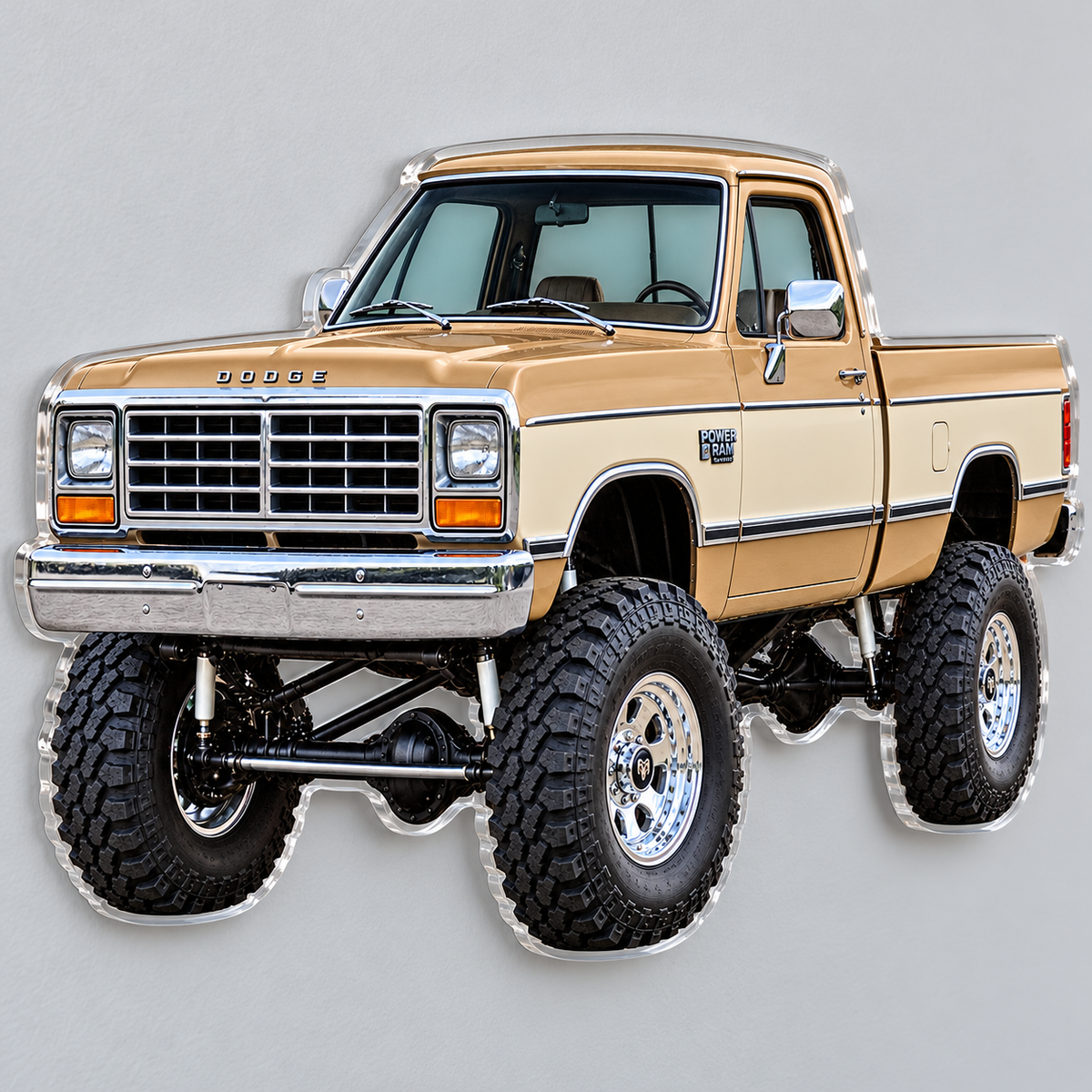 1988 Dodge Power Ram Desert Tan & Cream acrylic sign angled close view
