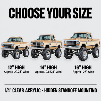 1988 Dodge Power Ram Desert Tan & Cream acrylic sign size guide: 12, 14 and 16 inches high