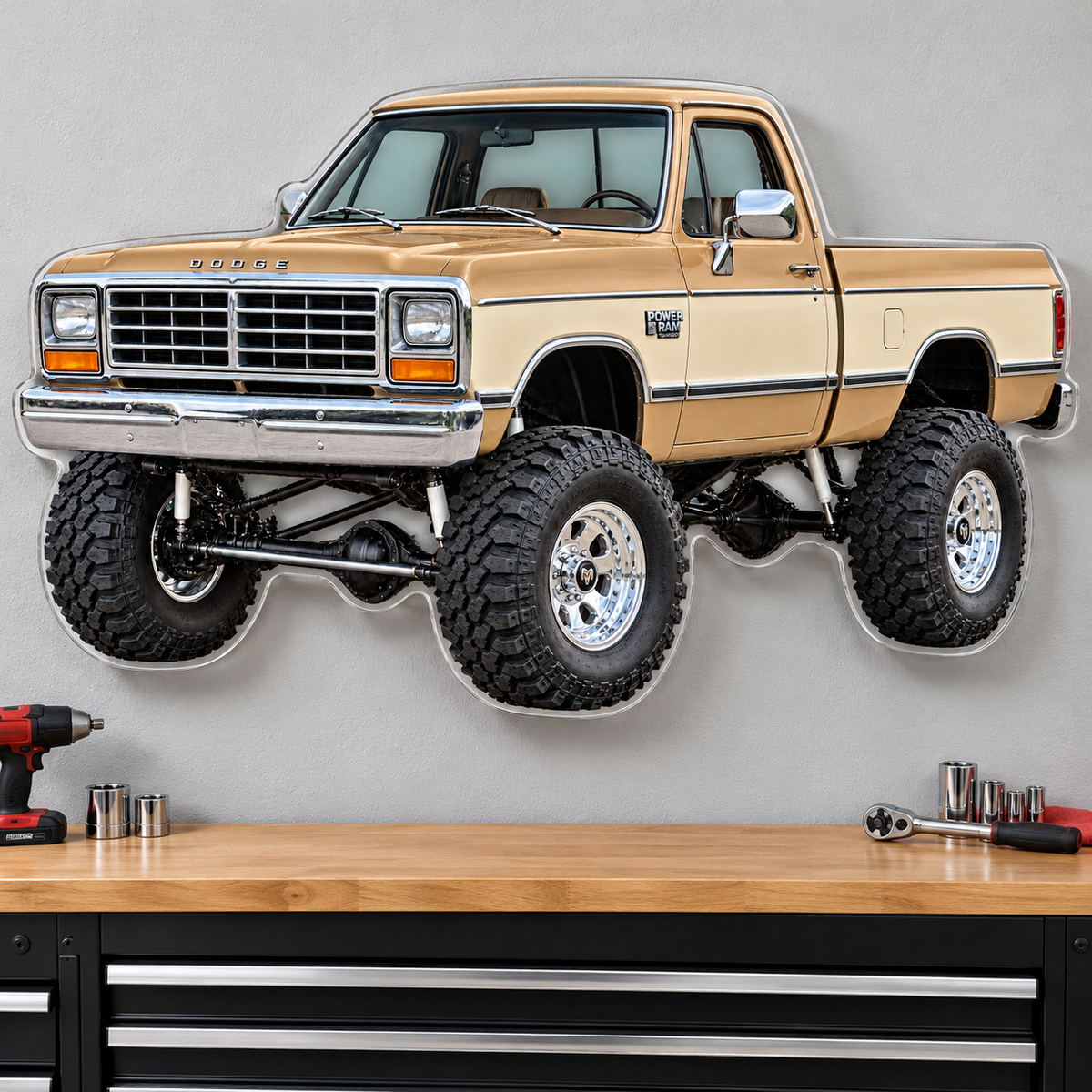1988 Dodge Power Ram Desert Tan & Cream acrylic sign garage wall mockup
