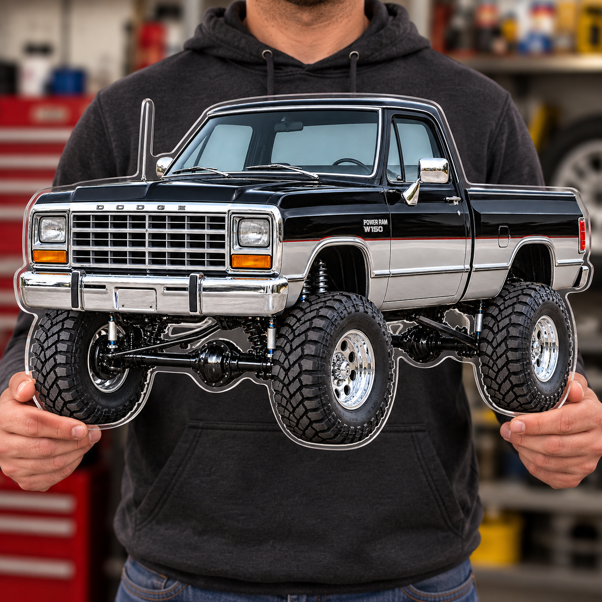 1988 Dodge Power Ram Jet Black & Silver acrylic sign held for scale