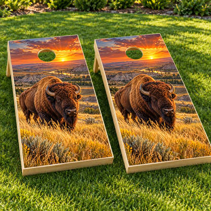 Prairie Bison Sunset installed cornhole board mockup; boards not included