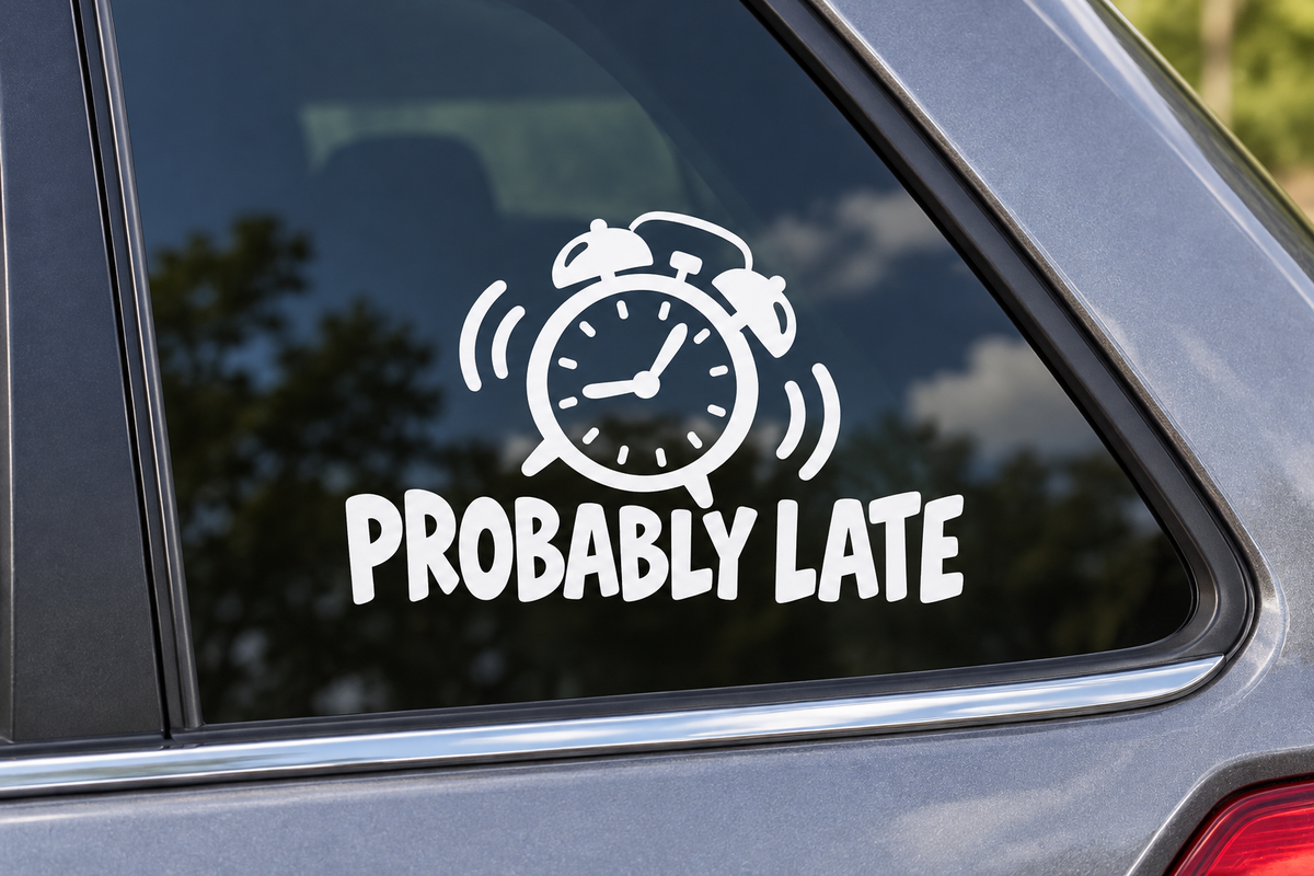PROBABLY LATE contour cut car window decal shown in white