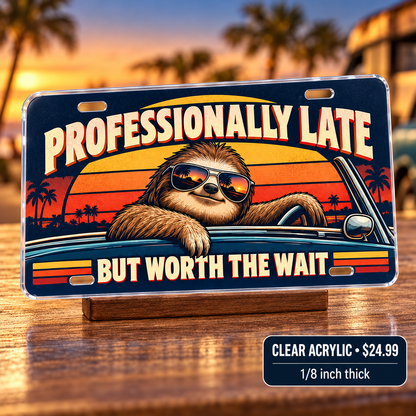 Professionally Late humorous license plate — one-eighth-inch reverse printed acrylic $24.99