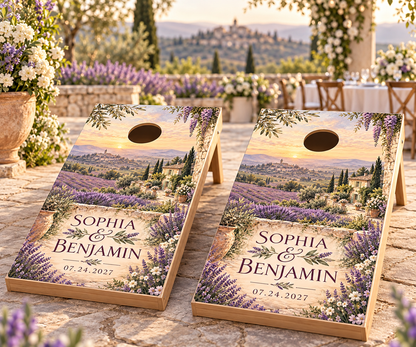 Lavender in Provence personalized wedding and anniversary cornhole boards lifestyle mockup; boards not included
