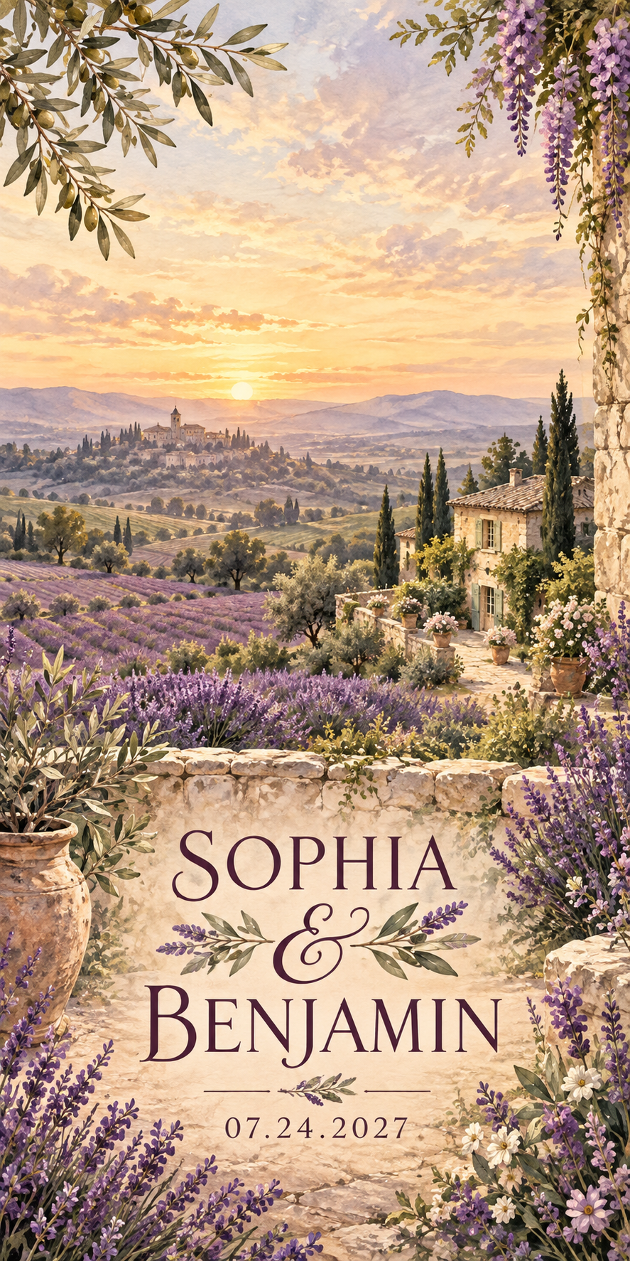 Lavender in Provence personalized wedding and anniversary cornhole artwork with sample names and date