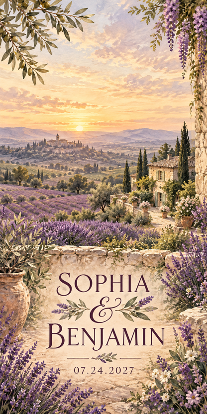 Lavender in Provence personalized wedding and anniversary cornhole artwork with sample names and date