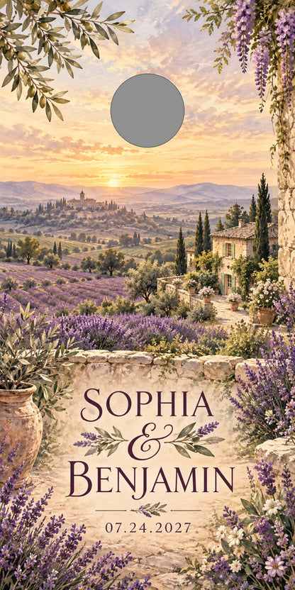 Lavender in Provence personalized wedding and anniversary cornhole wrap with gray hole-position preview marker
