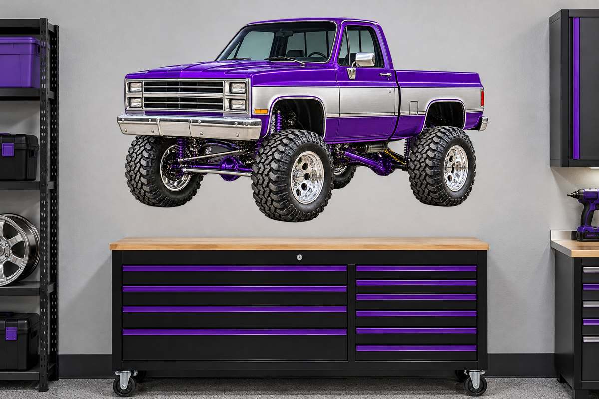 Purple & Silver Classic Lifted Truck Contour Cut Decal – Indoor or Outdoor garage mockup, illustrative size