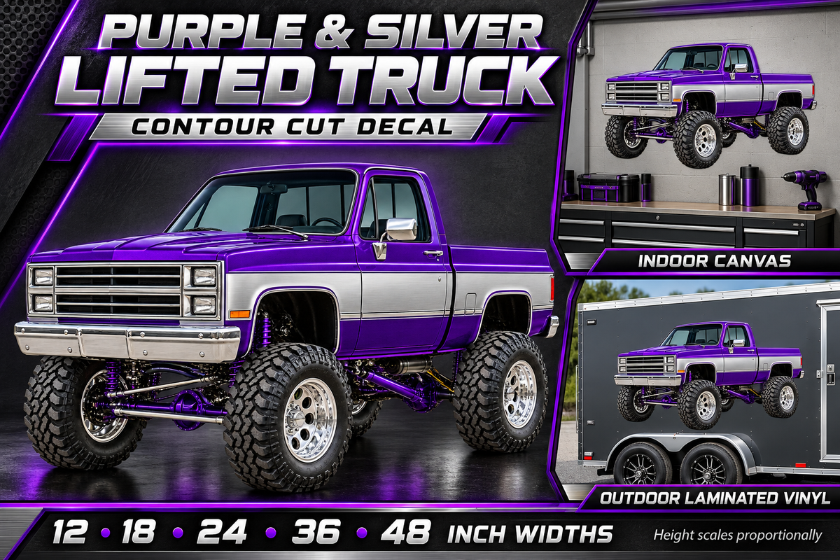 Purple & Silver Classic Lifted Truck Contour Cut Decal – Indoor or Outdoor showcase with sizes and materials