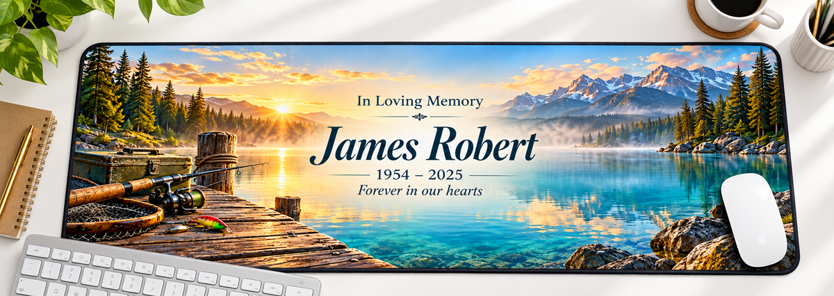 Quiet Waters Fishing Tribute memorial desk mat — overhead workspace mockup