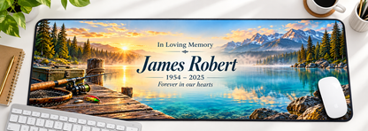 Quiet Waters Fishing Tribute memorial desk mat — overhead workspace mockup