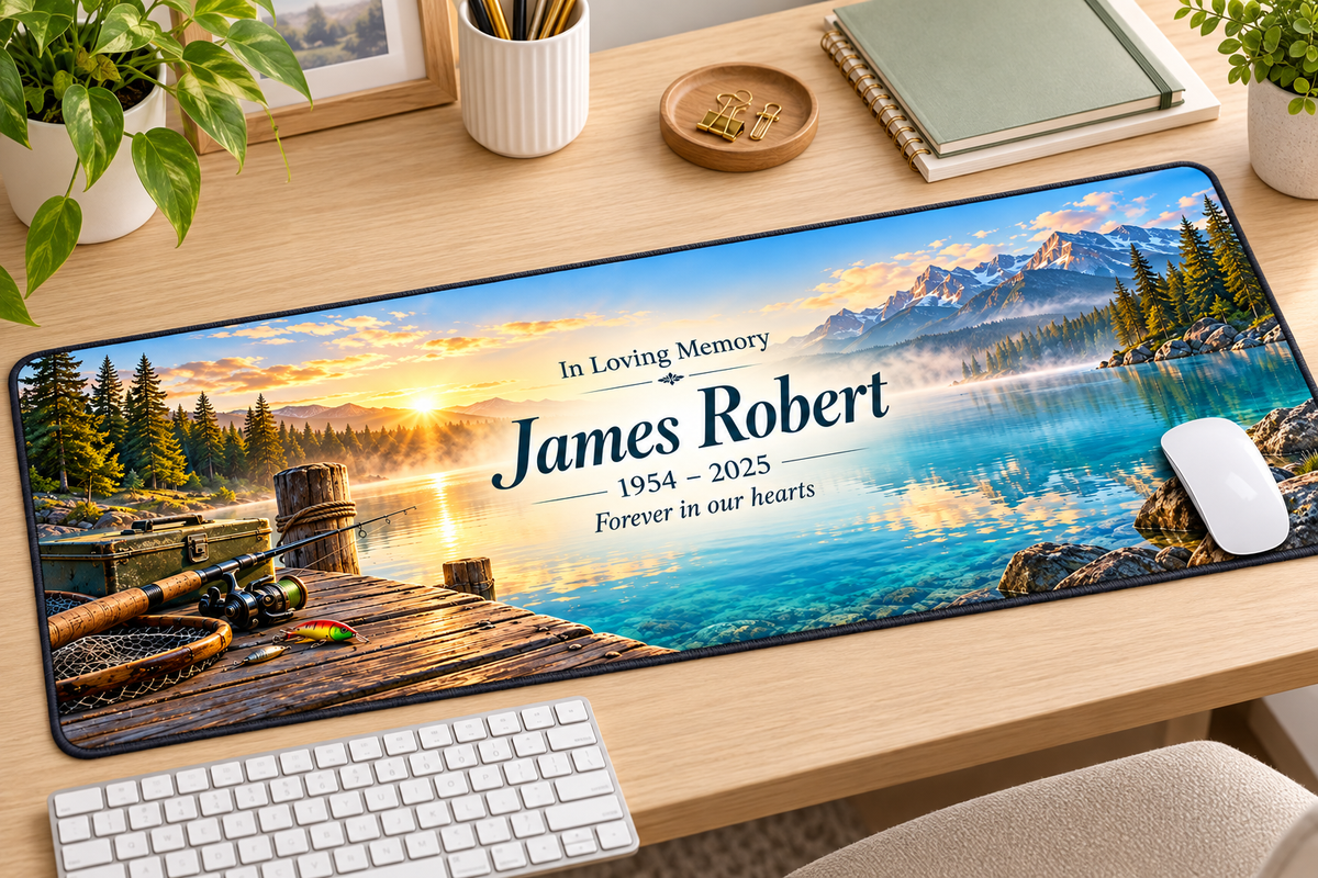 Quiet Waters Fishing Tribute memorial desk mat — angled workspace mockup
