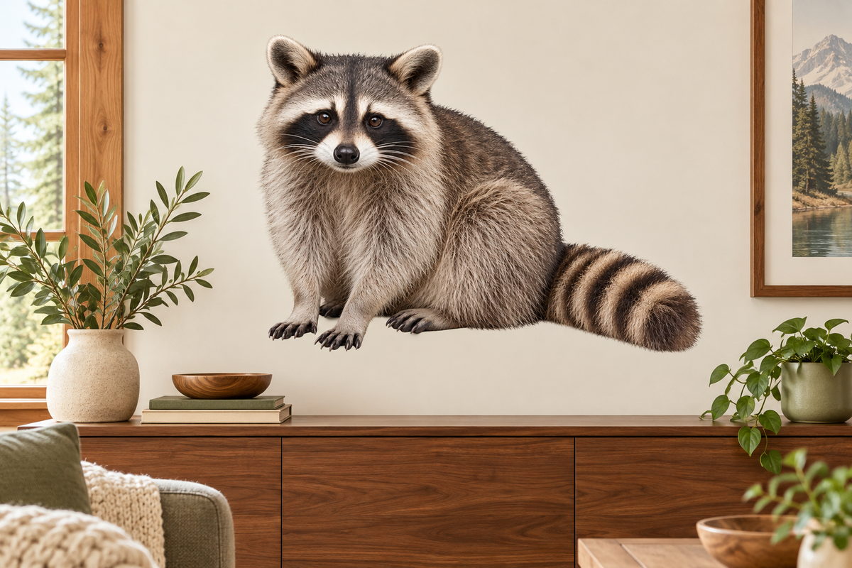 raccoon wildlife wall decal room mockup, illustrative size