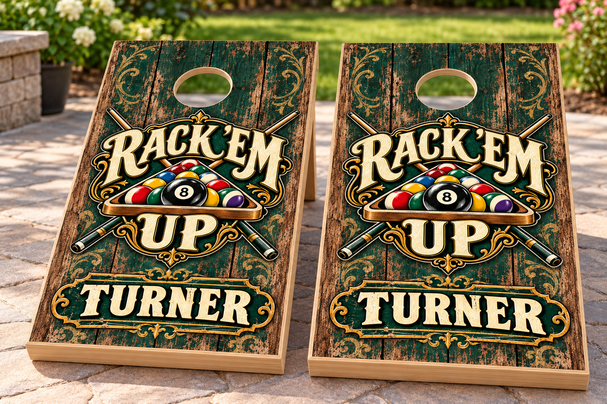 Rack Em Up personalized cornhole wraps - mockup