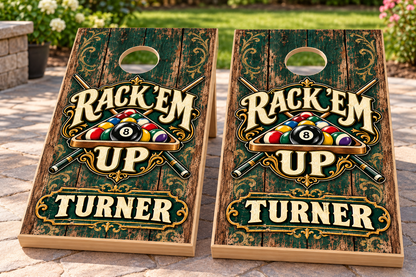 Rack Em Up personalized cornhole wraps - mockup