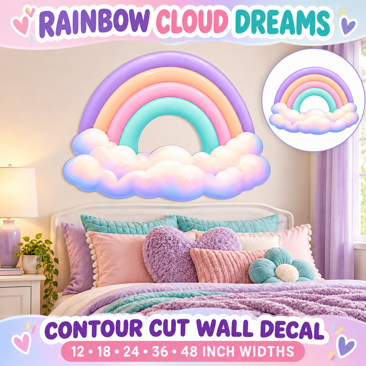 Rainbow Cloud Dreams – Girls Room Wall Decal summary and bedroom mockup – 12 to 48 inch widths