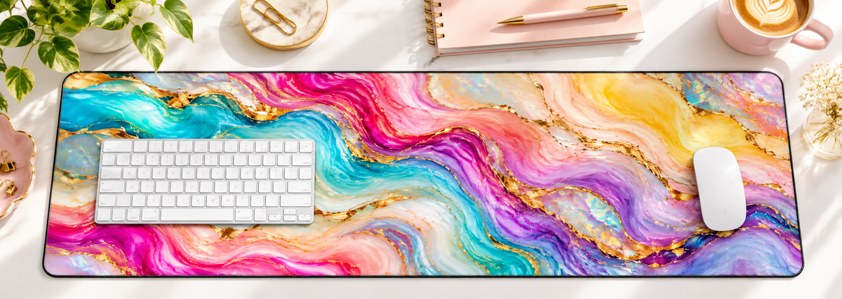Rainbow Opal Marble Desk Mat — overhead workspace mockup