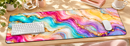 Rainbow Opal Marble Desk Mat — angled workspace mockup
