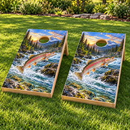 Rainbow Trout River installed cornhole board mockup; boards not included