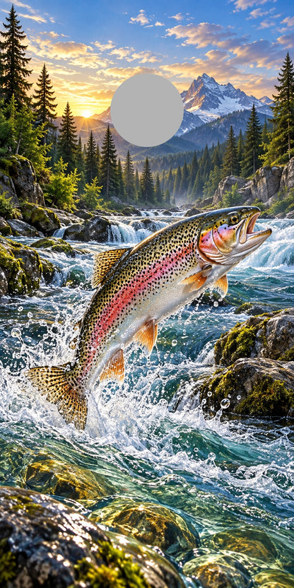 Rainbow Trout River cornhole wrap proof showing hole position