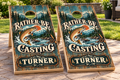 Rather Be Casting personalized cornhole wraps - mockup