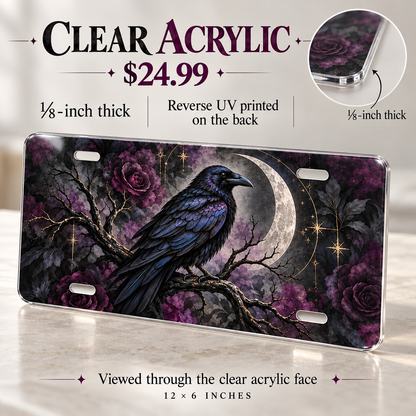 Raven Moon gothic raven license plate — one-eighth-inch acrylic, $24.99