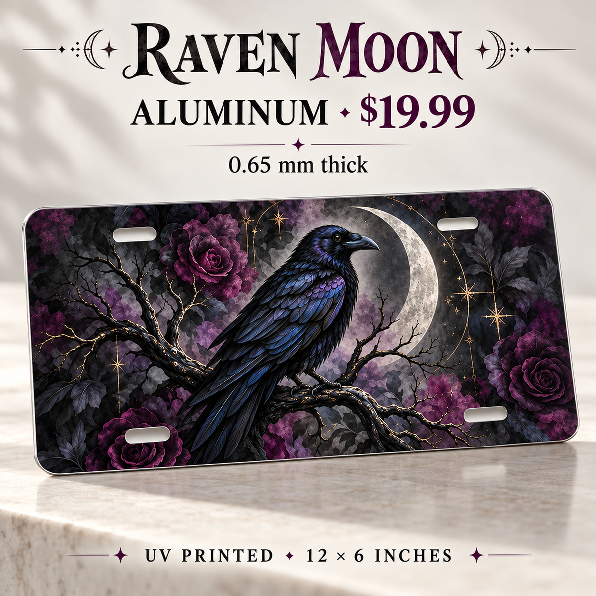 Raven Moon gothic raven license plate — 0.65 mm aluminum, $19.99